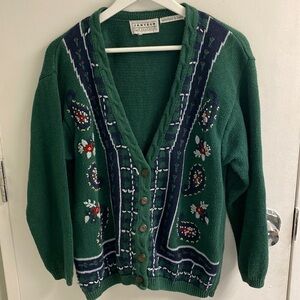 Vintage Janzten Hand Embroidered Green Holiday Cardigan Christmas Women’s Size M